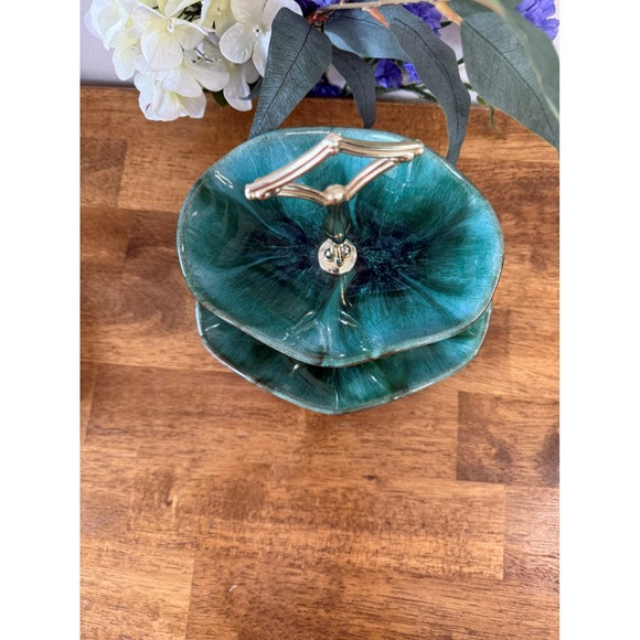Vintage Blue Mountain Pottery Two-Tiered Serving Tray Green Drip Glaze Retro - Picture 4 of 7